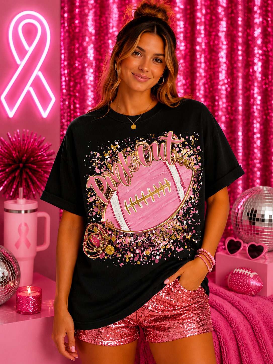 Pink Out Sparkly Football