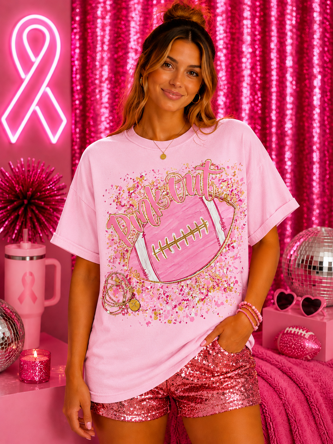 Pink Out Sparkly Football