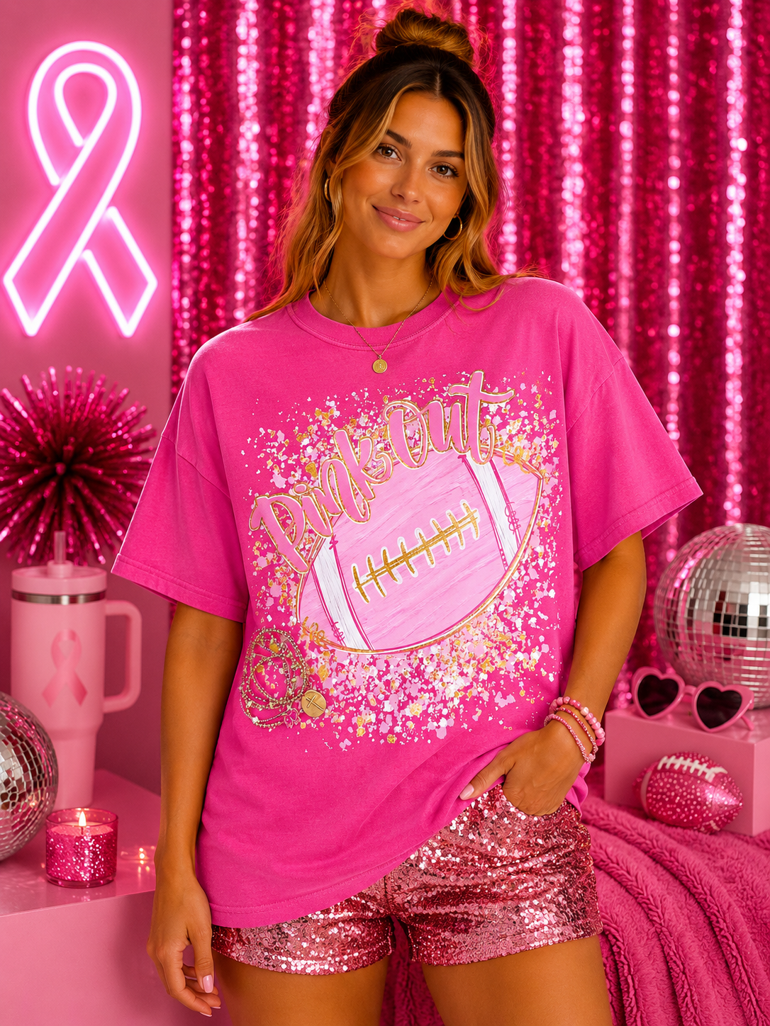 Pink Out Sparkly Football